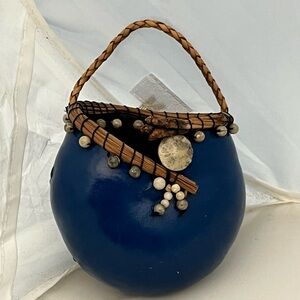Pine Needle Edged Blue Painted Gourd Vessel Decorative Beaded Details Handle